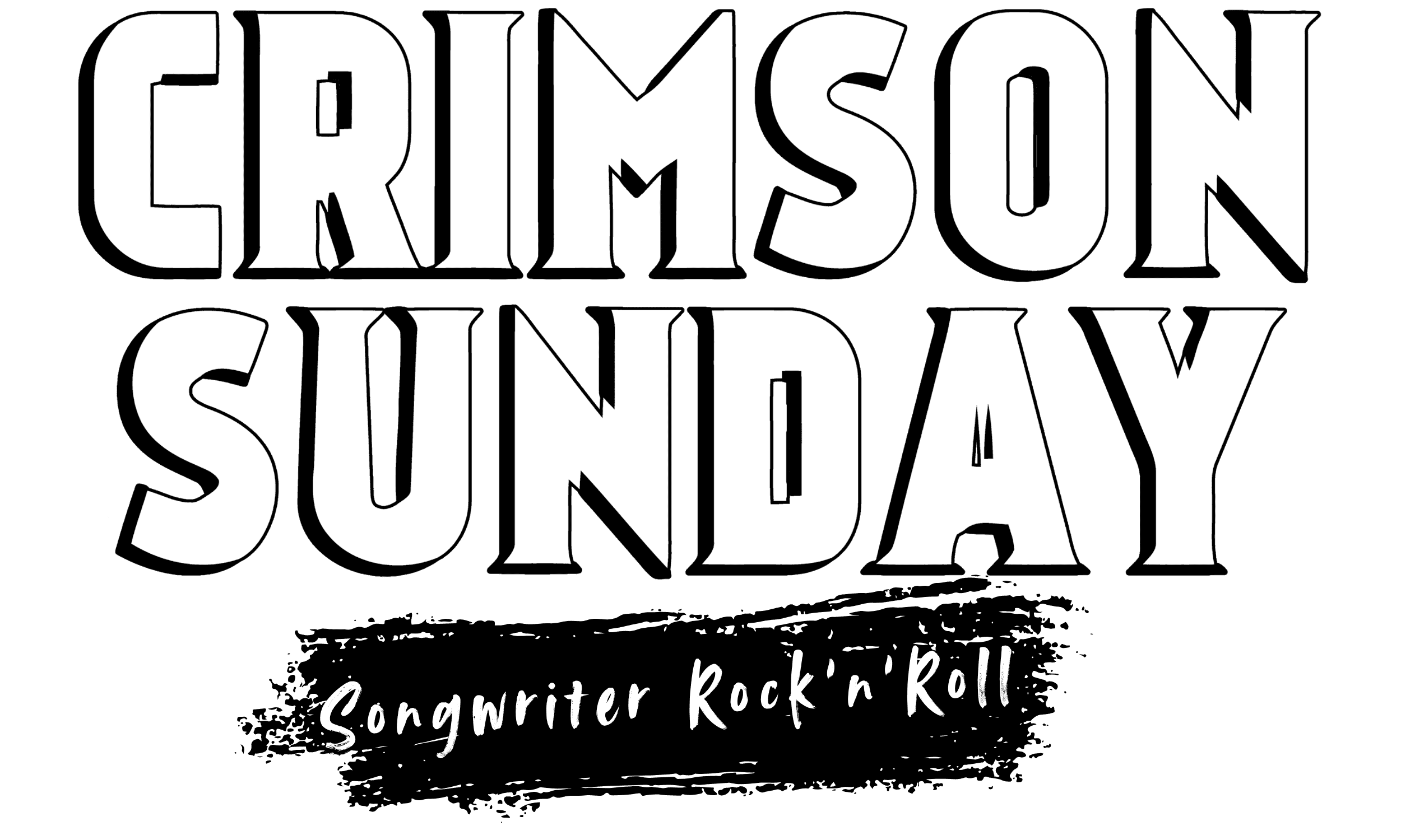 Logo of Crimson Sunday with bold white lettering on a black background, stating 'CRIMSON SUNDAY' with the subtitle 'Songwriter Rock'n'Roll' in a handwritten style.